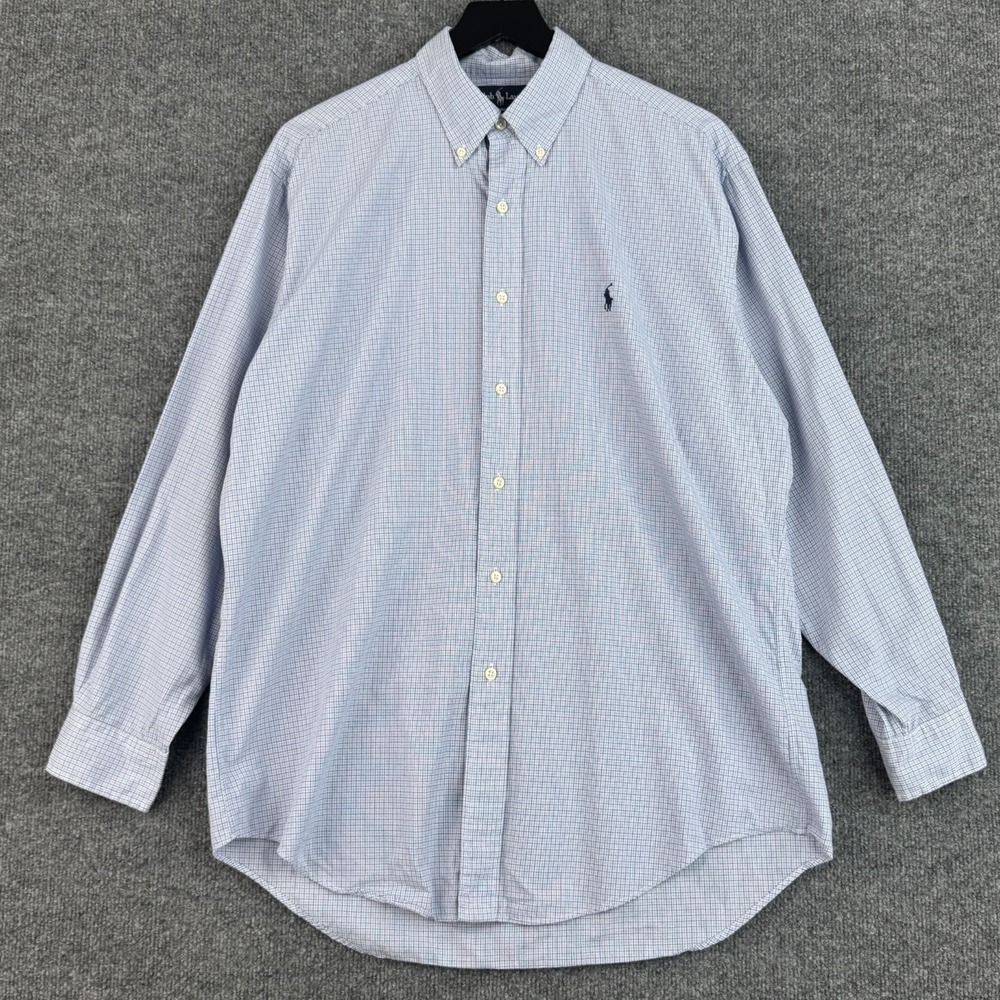 Polo Ralph Lauren Yarmouth Dress Shirt Mens 16-33 Blue Check Cotton Long Sleeve